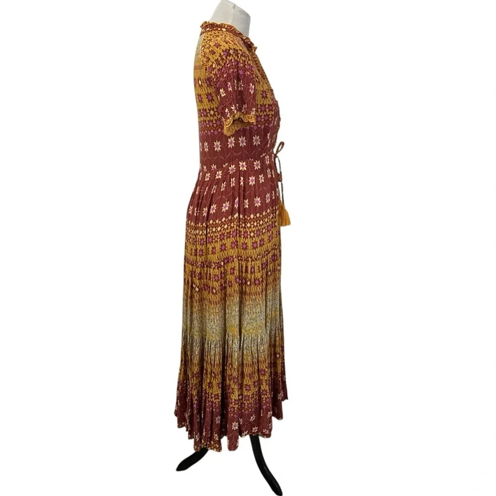 Free People Womens Rare Feelings Midi Maxi Dress Sz Small Ruffle Short Sleeve